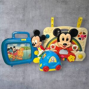 Vintage Disney Mickey Mouse Baby Crib Activity Toy Lot Mattel‎ Push Car